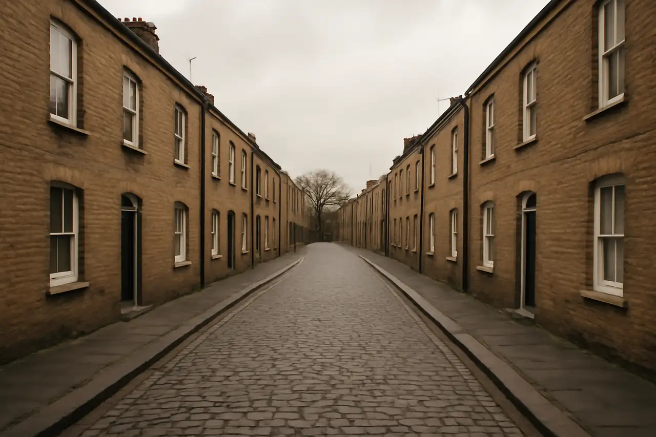 Rustige woonstraat met bakstenen rijhuizen